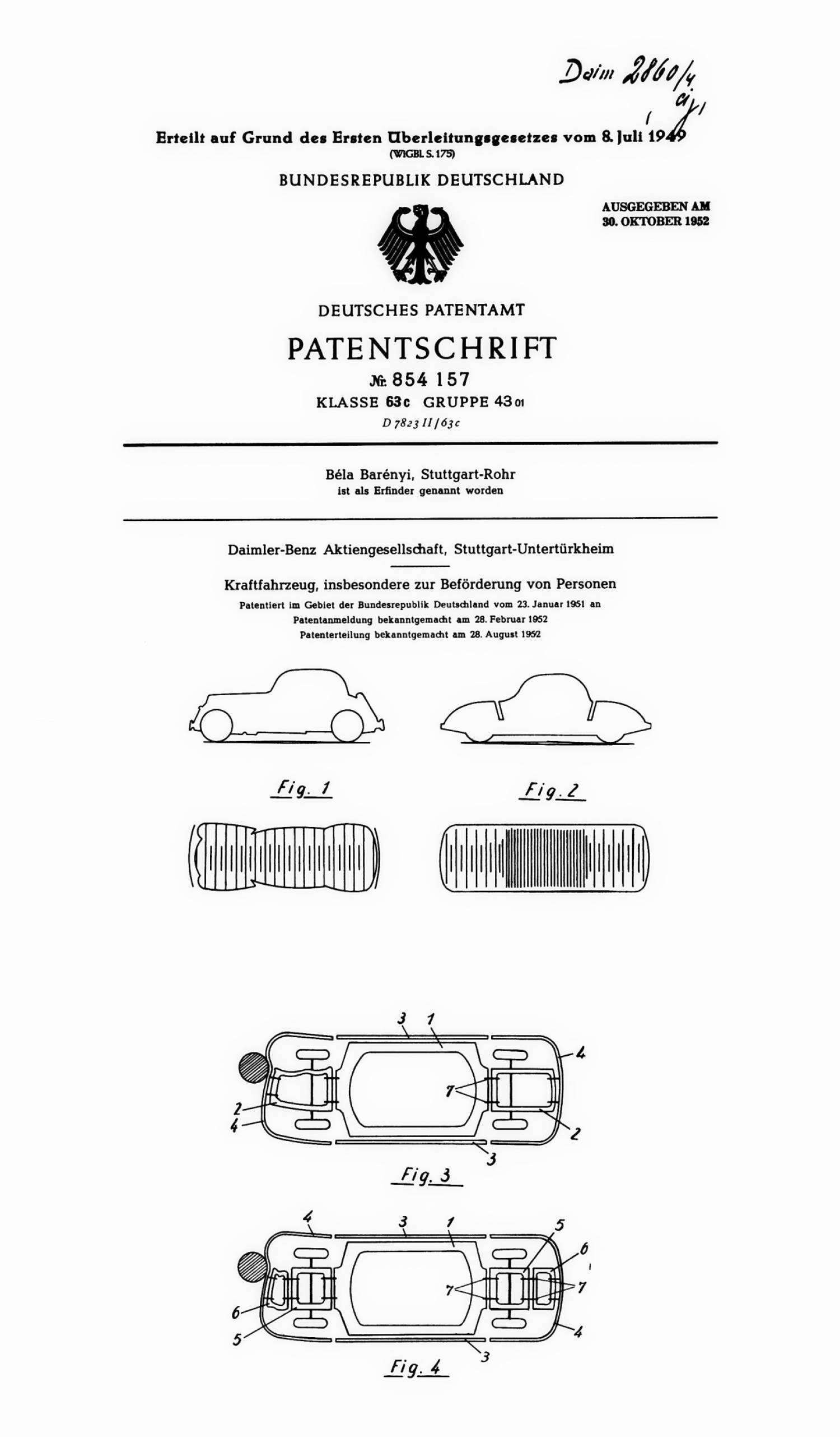 크럼플 존 특허 문서 표지 · Patent No. 854,157 · 1952